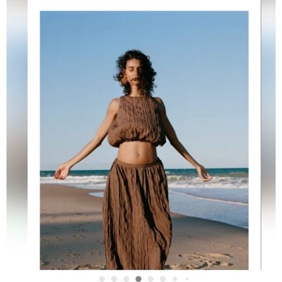 ZARA top skirt WRINKLED EFFECT BALLOON TOP S & MIDI SKIRT BROWN M 7969/027 - Picture 1 of 7